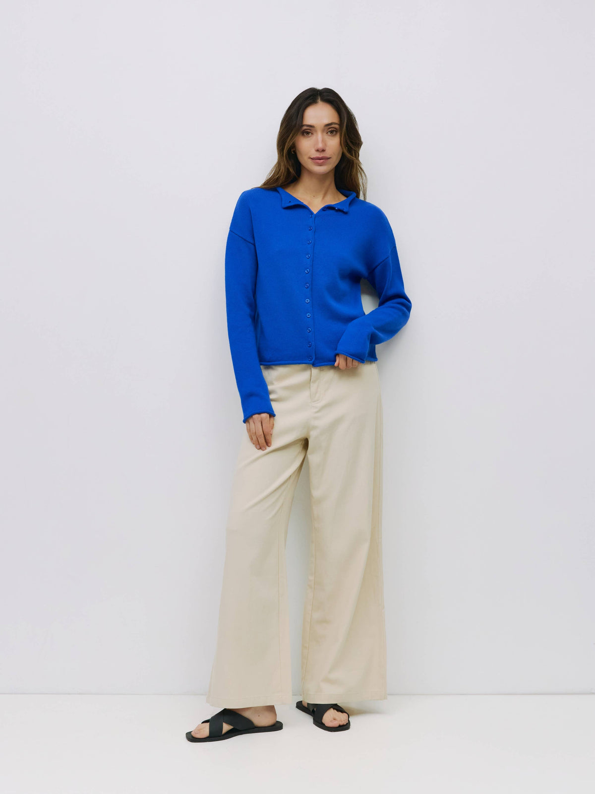 Cobalt blue textured rolled hem crew neckline full button up cardigan for women