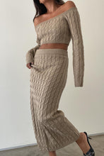 Load image into Gallery viewer, Cable knit matching set, midi skirt and off the shoulder crop top, long sleeve, tan color, slim fit