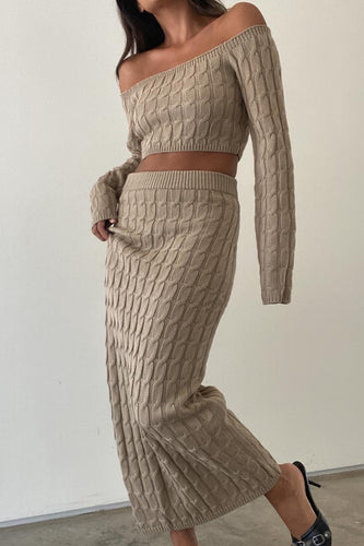 Cable knit matching set, midi skirt and off the shoulder crop top, long sleeve, tan color, slim fit