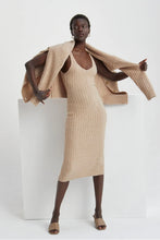 Load image into Gallery viewer, tan, beige sweater dress set, sweater set dress with matching cardigan, Soft brushed ribbed sweater knit  Matching oversized, long sleeve cardigan &amp; a body hugging sleeveless dress, Cardigan with a v-neckline, front button closure cardigan, tunic length &amp; oversized fit Dress has a V-Neckline, sleeveless, midi length, fit to bodice silhouette 