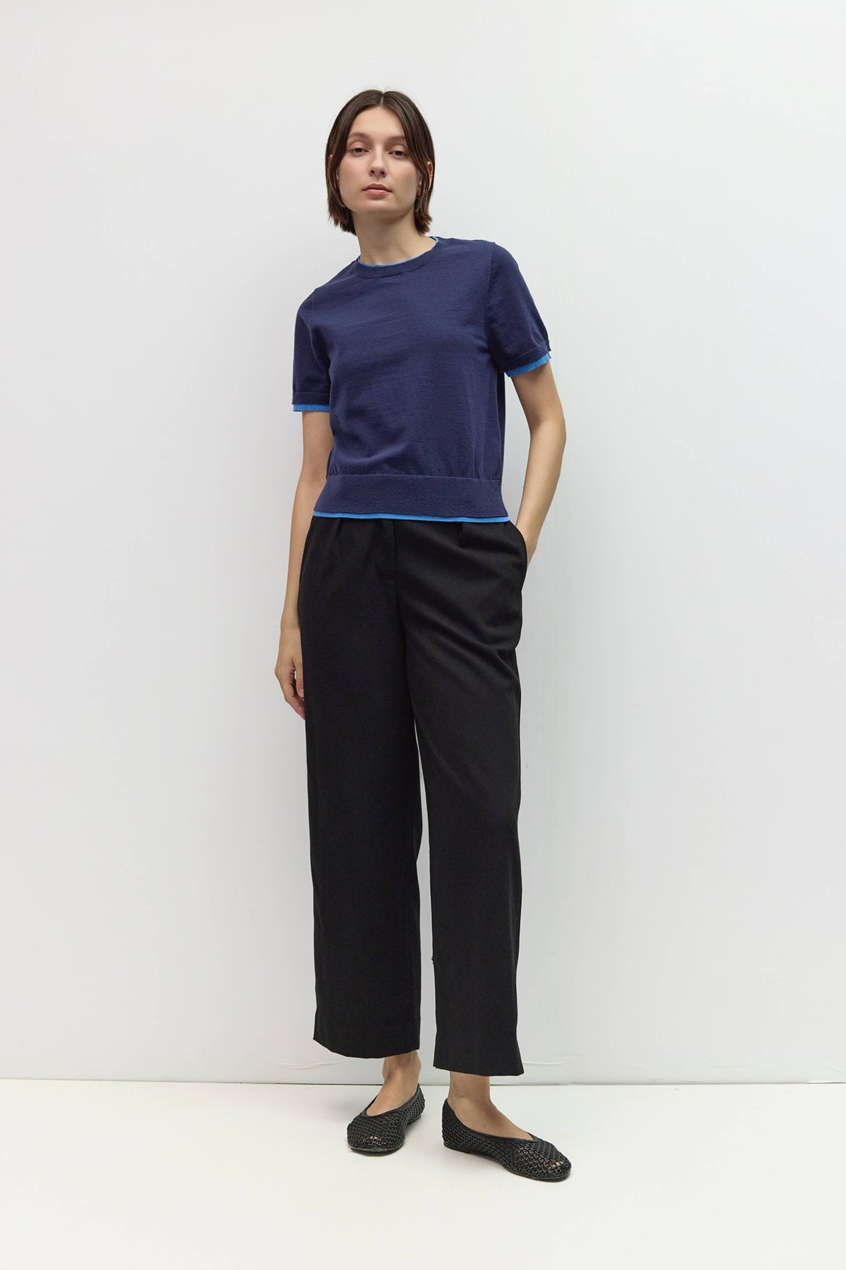Navy and light blue contrasting knit short sleeve top for teen girls and women