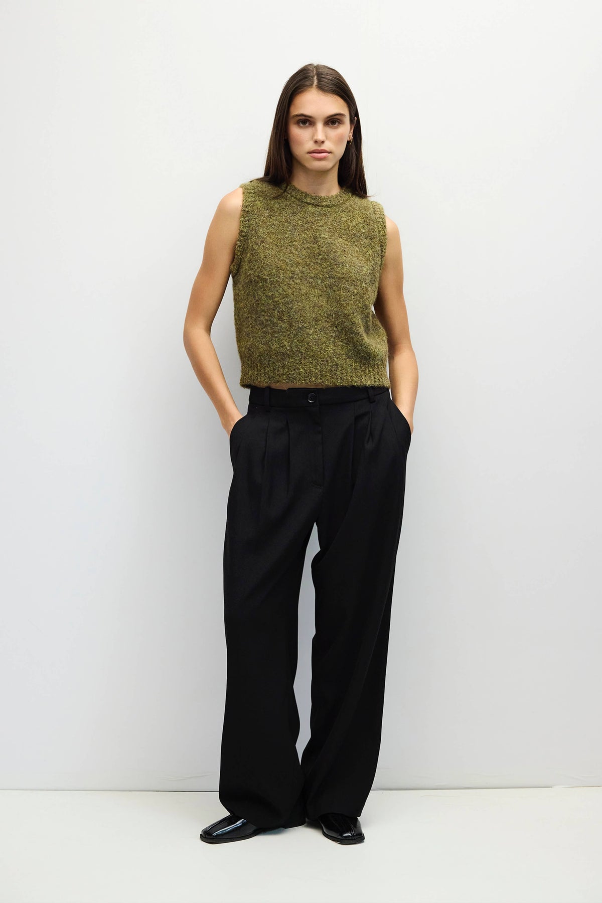 Olive green boucle knit sweater vest for women