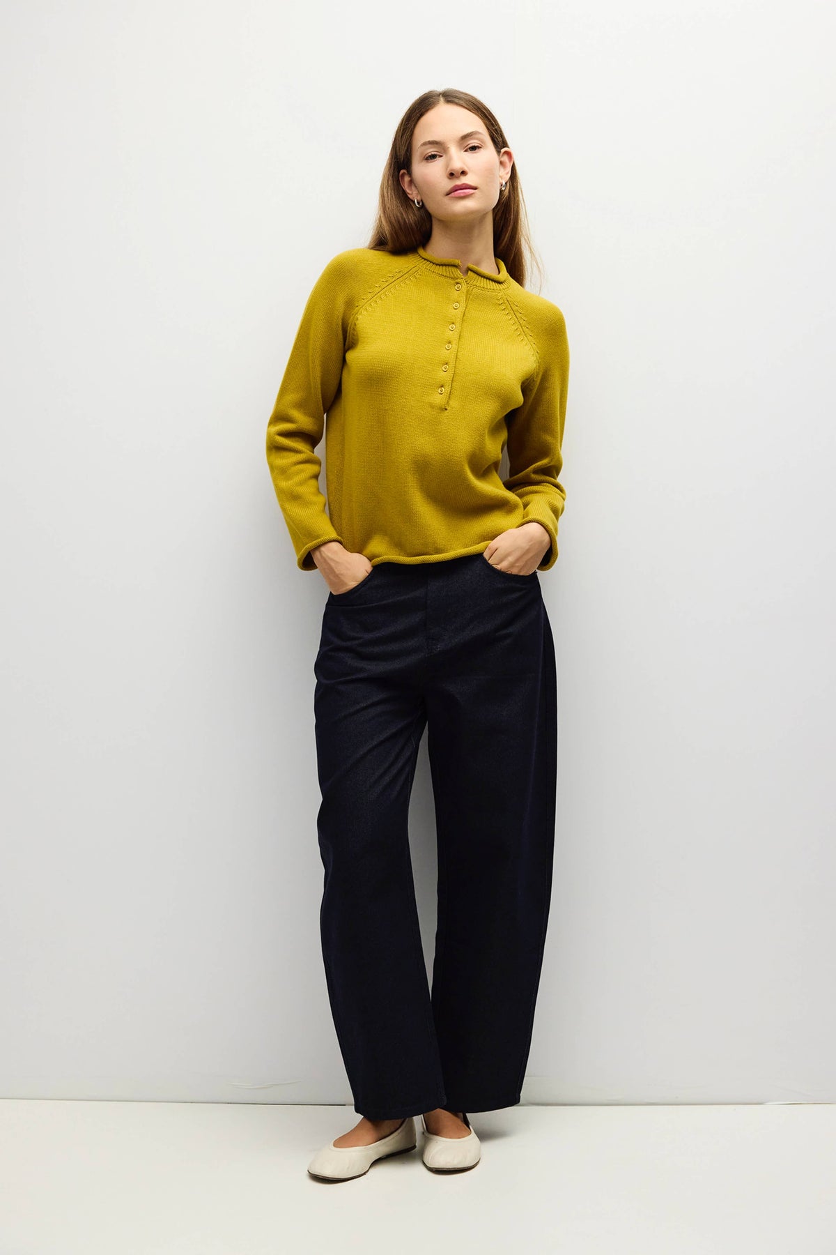 Yellow rolled hem 3/4 button up rolled hem pullover cardigan for women
