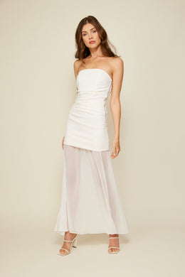 mixed media ivory maxi dress. Structured strapless mini dress on top with sheer flowing bottom
