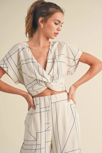 matching set, pant set, vacation outfit,  Grid pattern fabric, Drop shoulder short cuffed sleeves, V neck with twist in front, Cropped length top