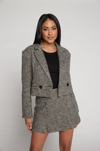 cropped blazer, cropped jacket, Black Brown Houndstooth, Cropped silhouette, Notched collar,  