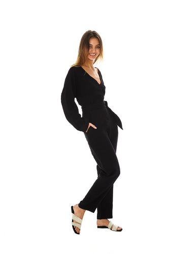  black long sleeve jumpsuit, Button front detail, Belted at waist, Relaxed, oversized fit, Bubble gauze fabric, 100% cotton, vacation outfit, beachwear,