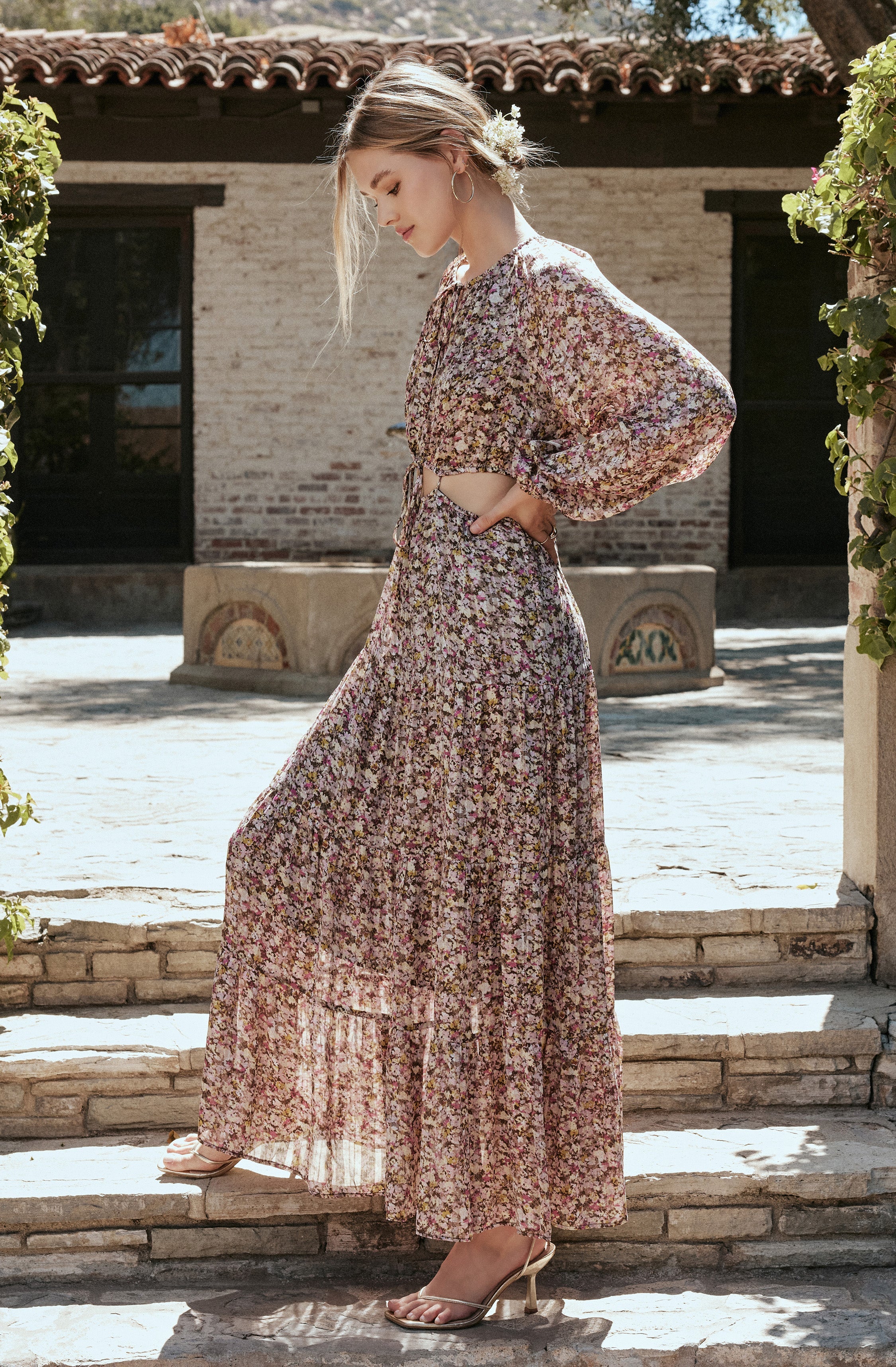 wedding guest, vacation dress, maxi dress, Moody floral print, Round tie front neckline, off the shoulder dress, Cutout midriff, tie waist accent, Tiered maxi skirt