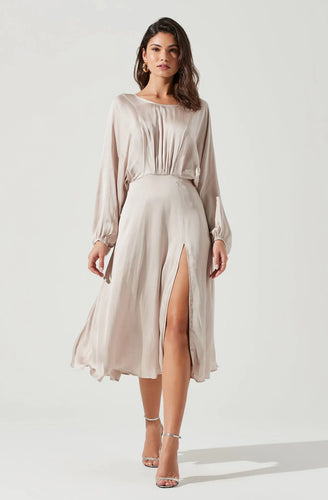 champagne dress, midi length, high slit, dress with long sleeves, Gorgeous satin-finish dress,  draped silhouette, Long dolman sleeves, gathered front and cinched waist, Front slit accent punctuates a flowy and lined midi skirt, V-cut back