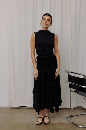 Black mock neck cropped top with ruched sides