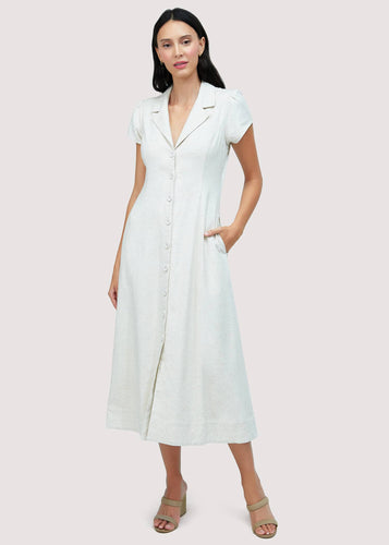 Linen blend button down dress in oatmeal color