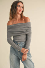Load image into Gallery viewer, off shoulder, knit top, long sleeves, date night, girls night outfit, pairs well with denim, gray top
