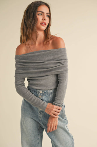 off shoulder, knit top, long sleeves, date night, girls night outfit, pairs well with denim, gray top