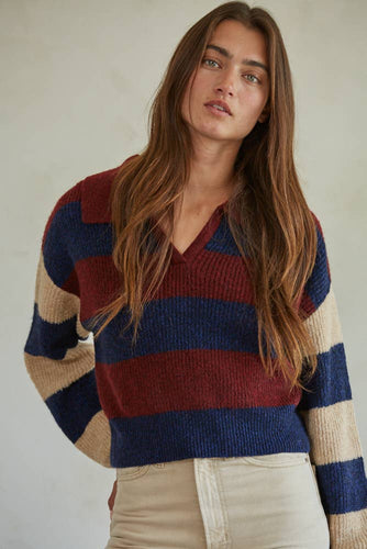 Knit sweater striped fabric, Collared V-Neck, Dropped shoulders ,Long Sleeve Pullover Top, Relaxed fit