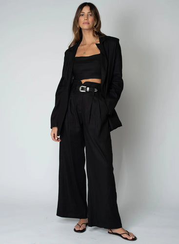 Linen Knotch Waist Pant- Black