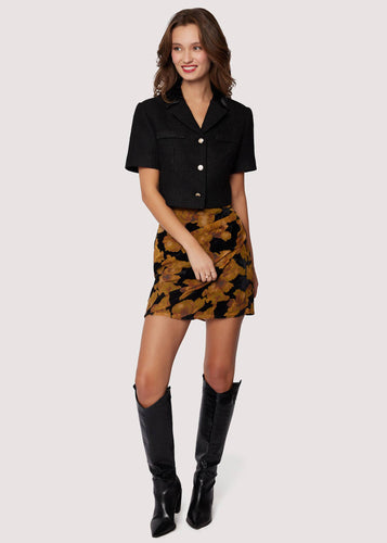 Burnout velvet chiffon fabric
Flattering high rise
Fitted silhouette
Mini length
cocktail attire 
burnout velvet mini skirt 
mustard and black
black and gold 
draped skirt
wrap skirt