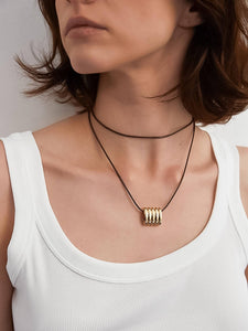Chant 18K Gold Black Leather With Stripe Pendant Choker