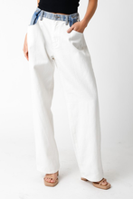 Load image into Gallery viewer, White/blue midweight 100% cotton denim, Contrast denim waist detailing, Front button closure and zip fly, Adjustable button waistband, Wide leg relaxed fit, Slant hip pockets, Back patch pockets, cool girl style