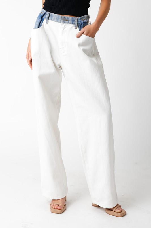 White/blue midweight 100% cotton denim, Contrast denim waist detailing, Front button closure and zip fly, Adjustable button waistband, Wide leg relaxed fit, Slant hip pockets, Back patch pockets, cool girl style