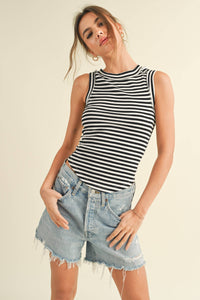 black and white striped ribbed tank top, full length 
