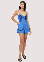 Load image into Gallery viewer, Blue chambray romper with floral embroidery 