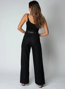 Linen Knotch Waist Pant- Black