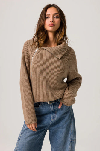 Tan mid weight knit fabric
Fold over collar
Long Sleeves
Zipper details
Relaxed fit