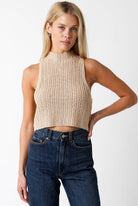 Beige mock neck loose knit crop top for women