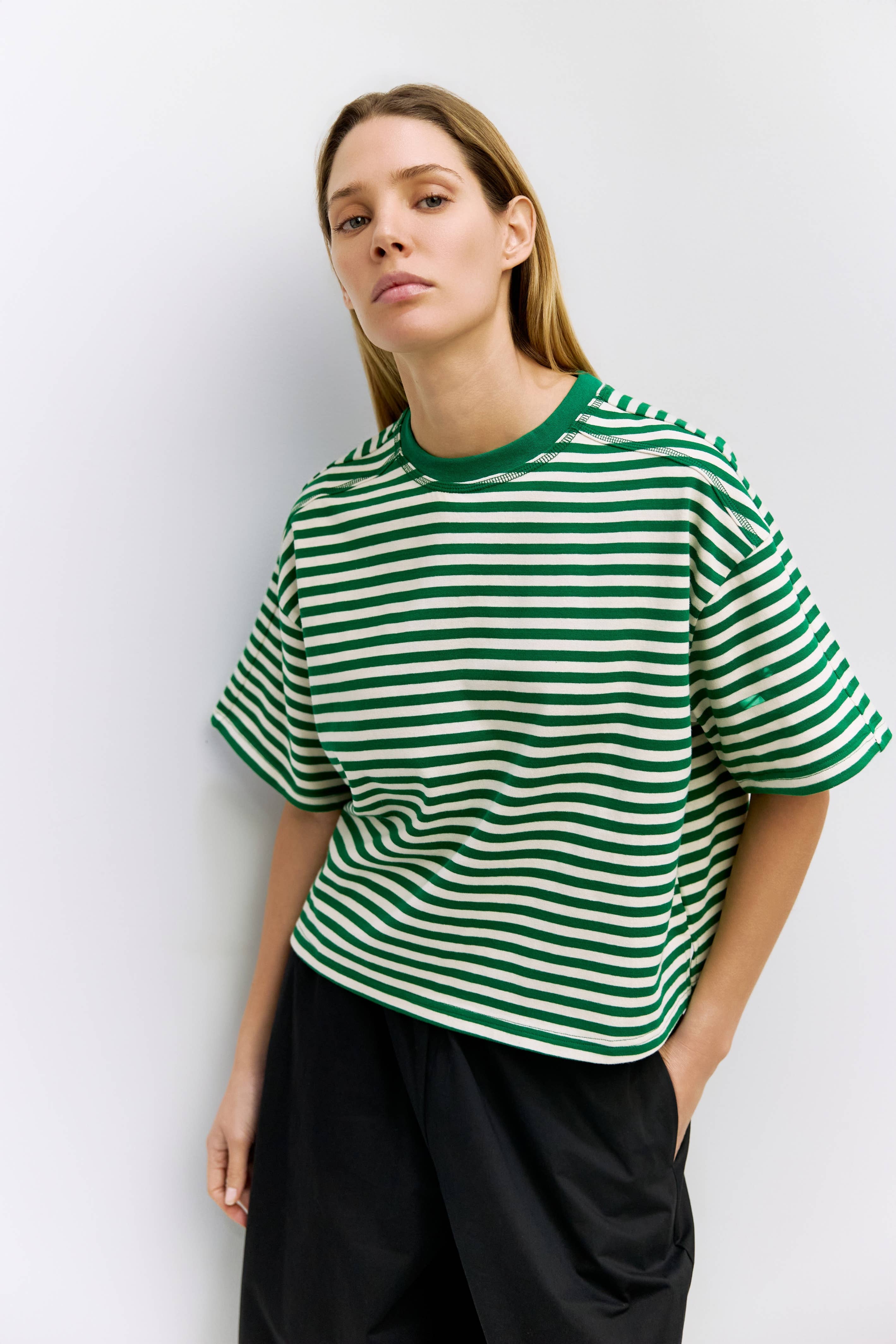 Boxy green and white stripe crewneck tee for teen girls and women 