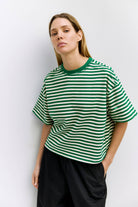 Boxy green and white stripe crewneck tee for teen girls and women 