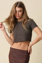 Brown short sleeve crew neck crop top knit for teen girls and women