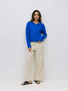 Cobalt blue textured rolled hem crew neckline full button up cardigan for women 