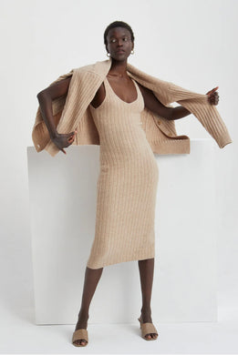 tan, beige sweater dress set, sweater set dress with matching cardigan, Soft brushed ribbed sweater knit  Matching oversized, long sleeve cardigan & a body hugging sleeveless dress, Cardigan with a v-neckline, front button closure cardigan, tunic length & oversized fit Dress has a V-Neckline, sleeveless, midi length, fit to bodice silhouette 