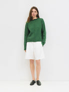 Green textured rolled hem crew neckline full button up cardigan for women 
