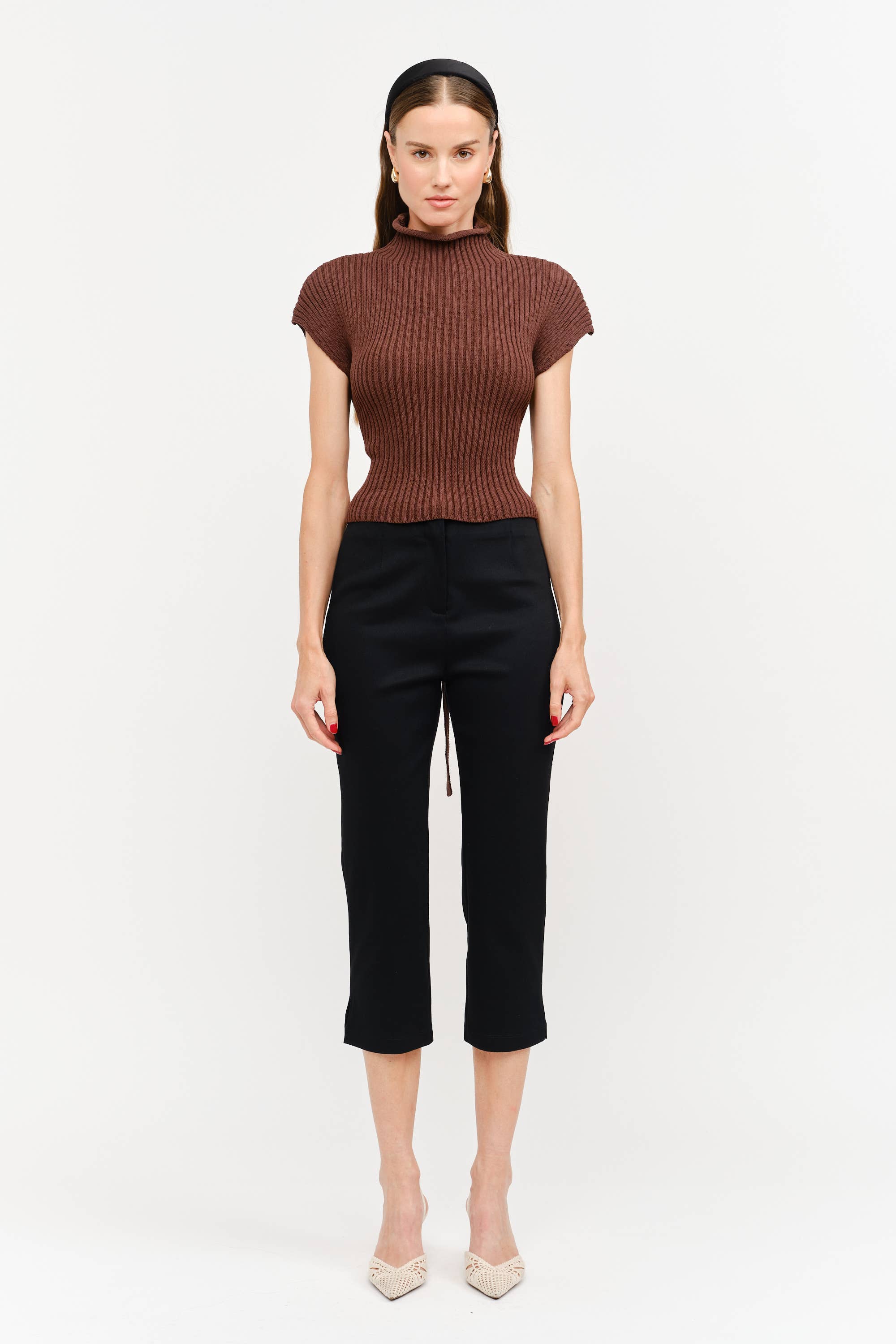 Heavy ,ribbed, knit, rolled neck, tie back, brown, short sleeve top for women. 