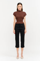 Heavy ,ribbed, knit, rolled neck, tie back, brown, short sleeve top for women. 