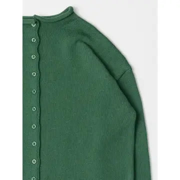 Close-up of a green ribbed knit cardigan sweater with a buttoned front closure, shown against a plain light background.