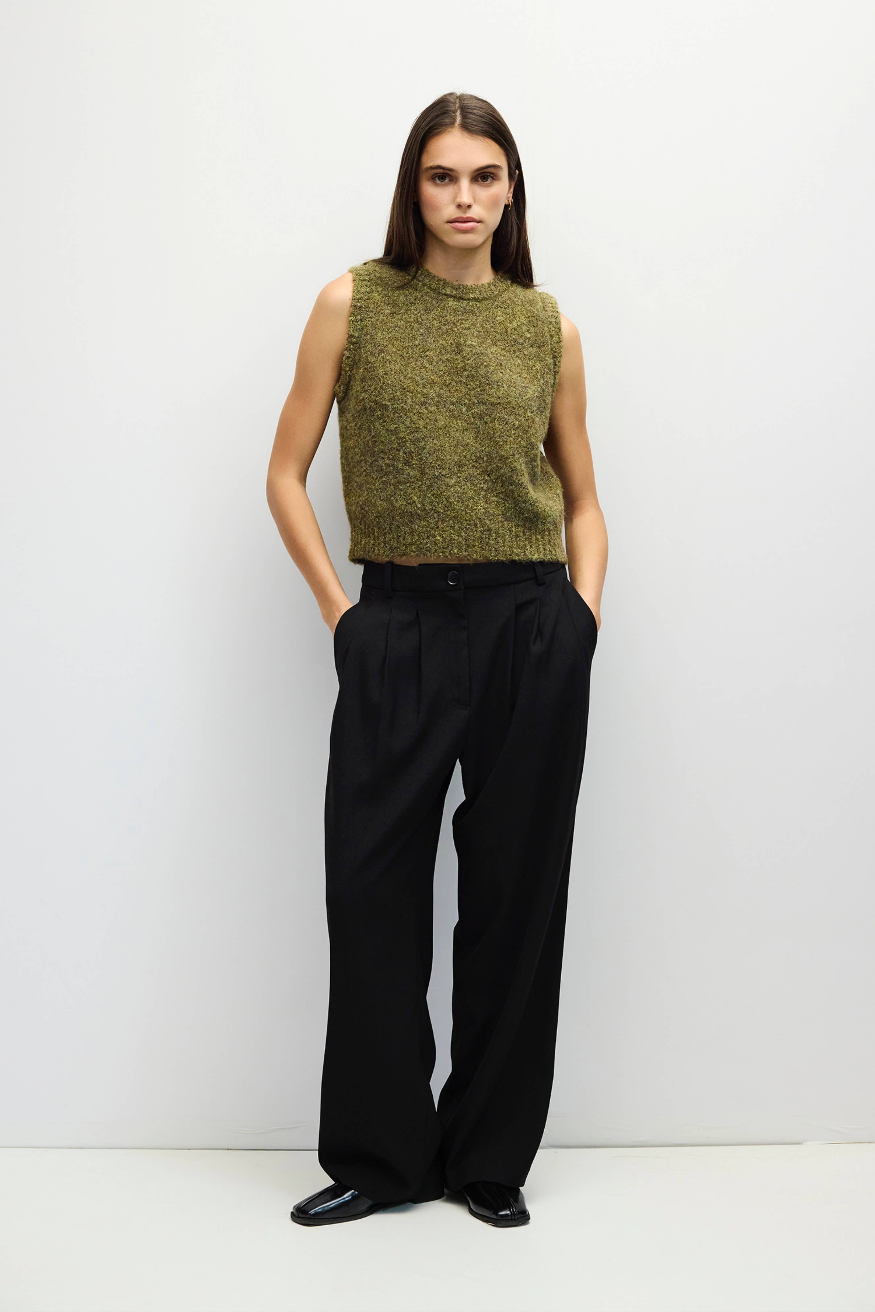 Olive green boucle knit sweater vest for women 