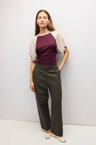 Red wine/ burgundy and cream tie back raglan tshirt for teen girls and women
