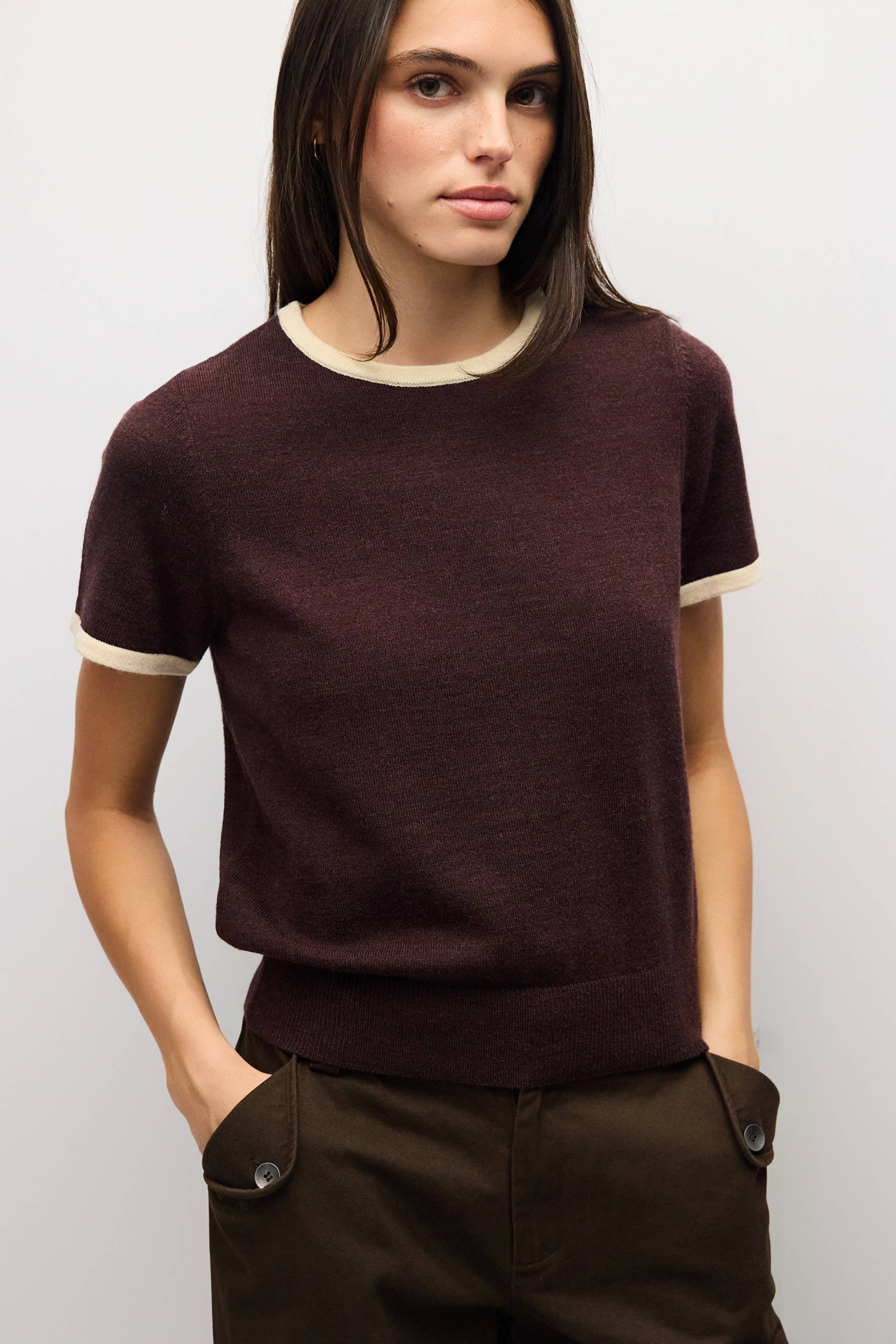 Sporty soft brushed wool blend knit brown and cream short sleeve crew neck sweater for women