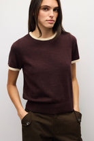 Sporty soft brushed wool blend knit brown and cream short sleeve crew neck sweater for women