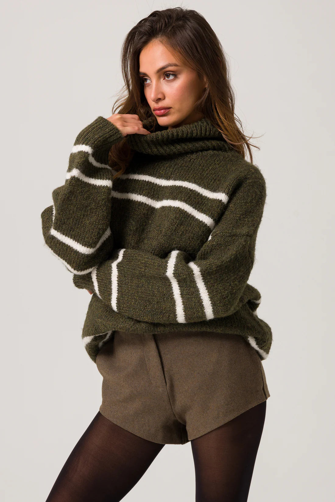 Olive sweater
Mid-weight ribbed knit fabric
Striped pattern
Turtleneck
Long sleeves
Relaxed fit