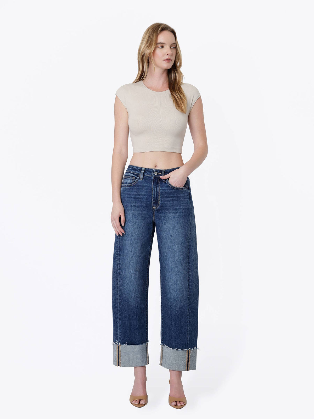 Womens super high rise cuff barrel jeans
