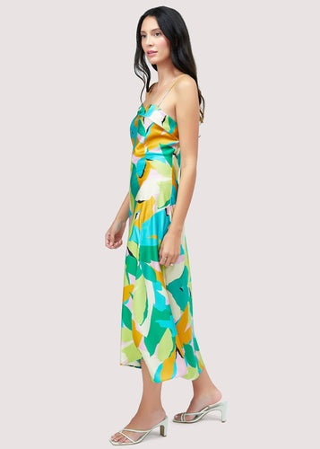 multicolor green dominant printed silky satin slip dress 