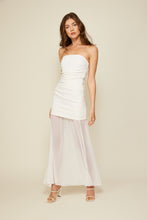Load image into Gallery viewer, mixed media ivory maxi dress. Structured strapless mini dress on top with sheer flowing bottom