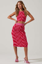pink and red knit, stretch knit, midi skirt, band at waist, pull on
