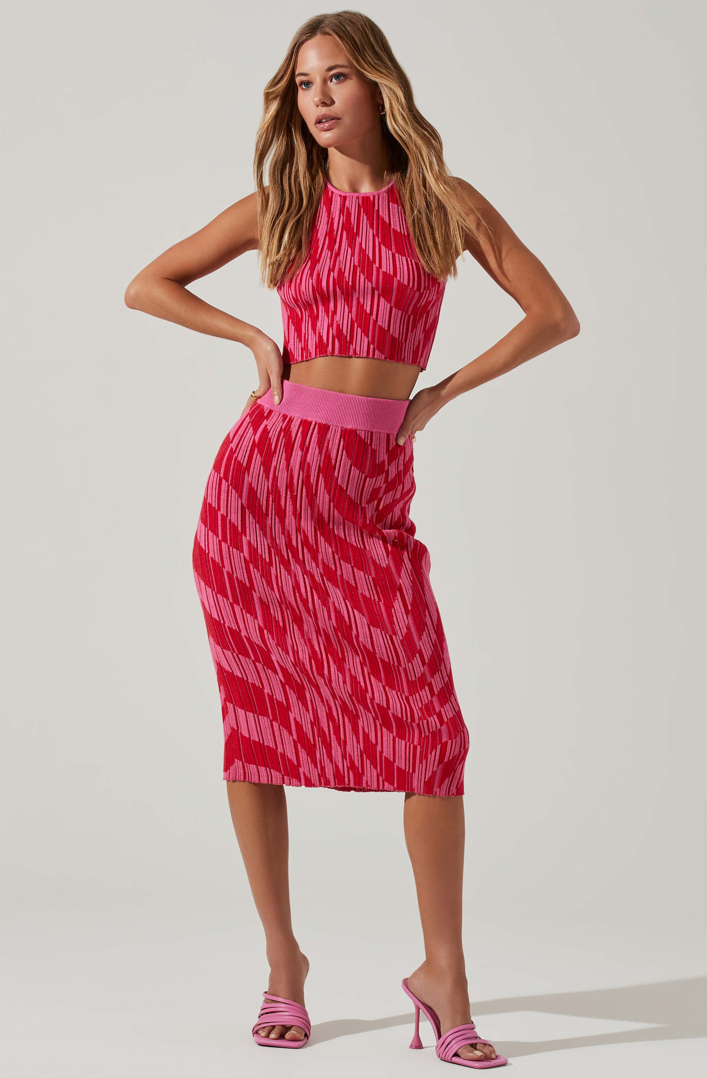 pink and red knit, stretch knit, midi skirt, band at waist, pull on
