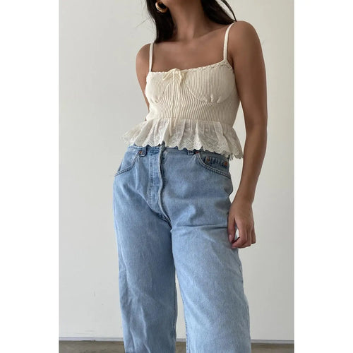 corset inspired tank top, spegheti straps, tie front bow, cotton eyelet peplum, rib fabric, stretch, slim fit