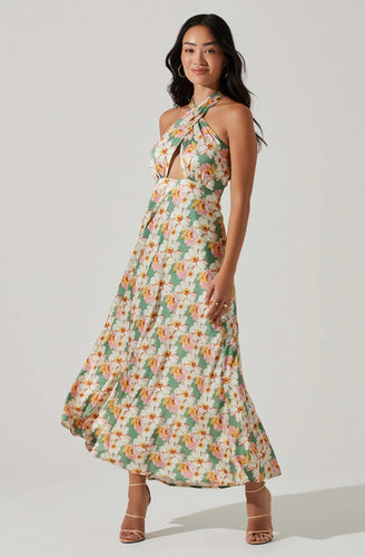 floral dress, spring dress, wedding guest, maxi, halter neckline, Statement floral print, satin finish, Cross front, halter tie, Open back