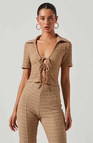 camel color top, collared short sleeve top, Textured, knit finish, Pointed collar, plunge neckline, Dual front tie closure